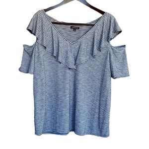 LANE BRYANT blue white striped cold shoulder v-neck ruffle top size 18 / 20